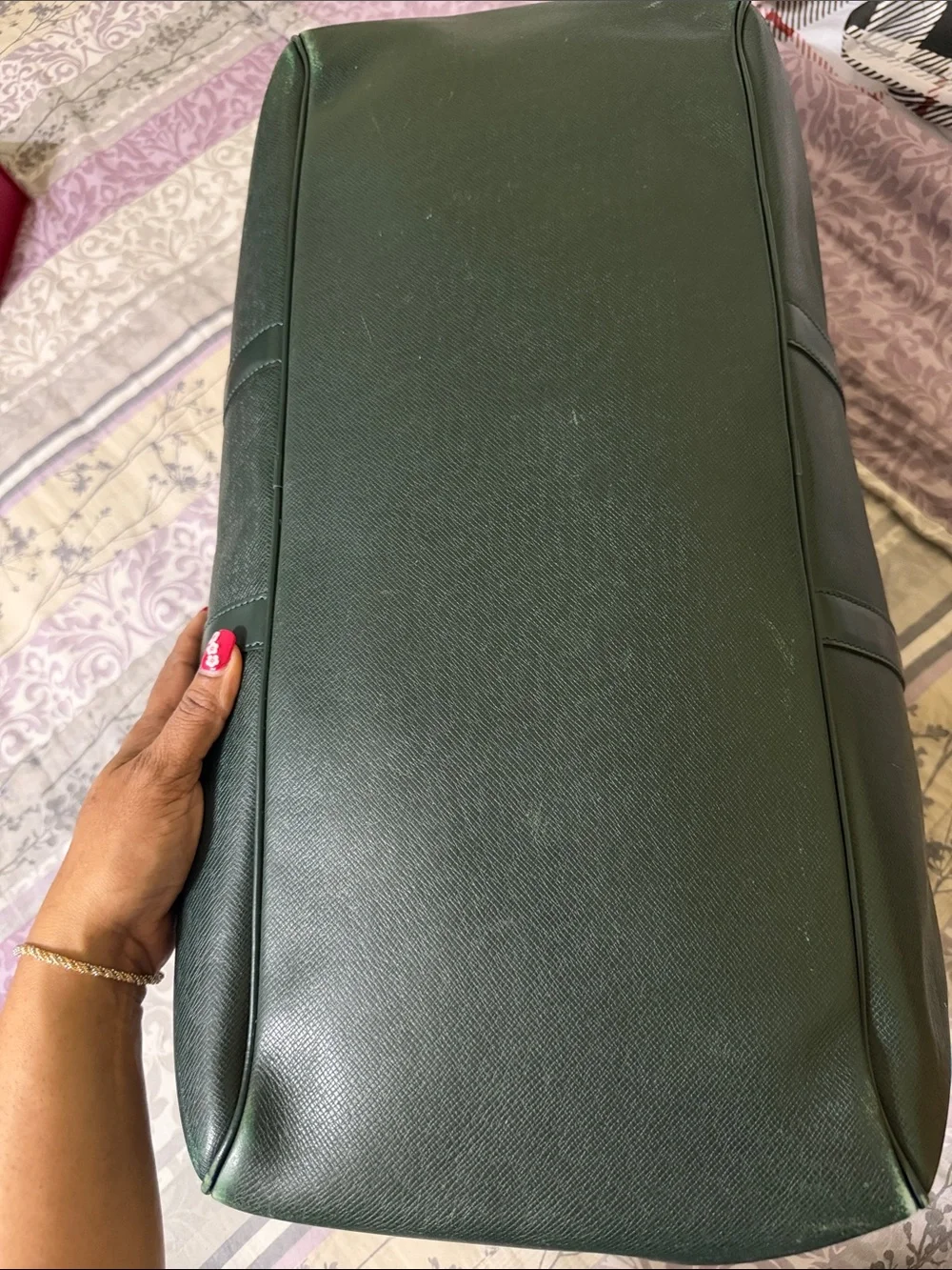 Louis Vuitton Green Leather Travel Duffel with Gold-Tone Hardware .
